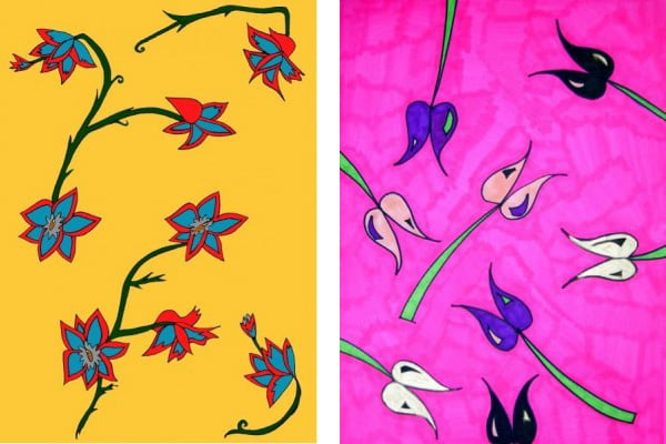 Left: Yellow Background Flowers (mixed media), Daisy de Villeneuve (Contemporary Artist) / Private Collection Right: Tulips (pen on paper), Daisy de Villeneuve (Contemporary Artist) / Private Collection