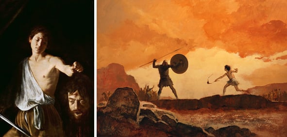 Left: David with the Head of Goliath, 1606 (oil on canvas), Caravaggio (1571-1610) / Galleria Borghese, Rome, Italy Right: David and Goliath, illustration from 'Bible Stories', 1968 (colour litho), Gino D'Achille (20th century) / Private Collection