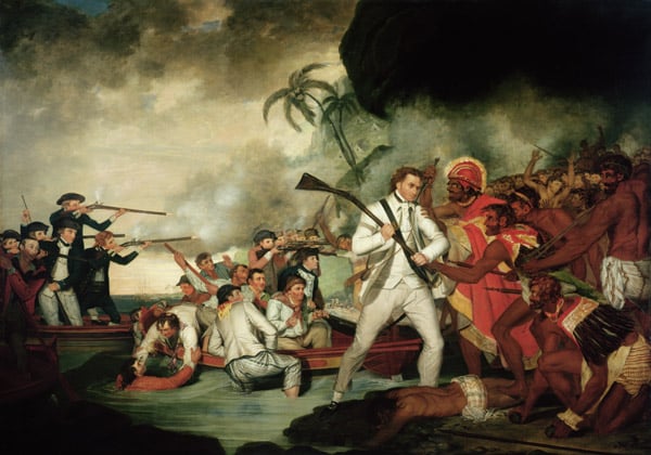 The Death of Captain Cook, 1781 (oil on canvas) by George Carter/ National Library of Australia, Canberra