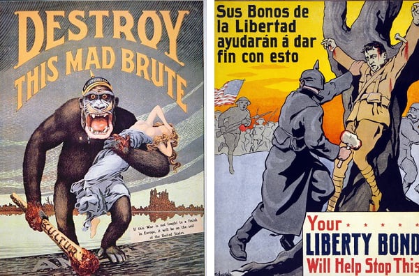 Left: 'Destroy this mad brute', World War One recruitment poster (colour litho), American School, (20th century) / Private Collection / Peter Newark Military Pictures Right: Your Liberty Bond Will Help Stop This, 1917 (colour litho), Cueto, Fernando Amorsolo y (1892-1972) / Private Collection / © Galerie Bilderwelt 