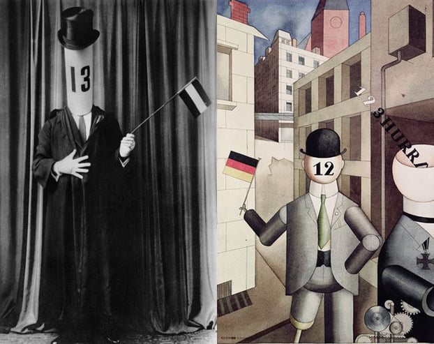 Theo van Doesburg (1883-1931), dutch painter, architect and theorician, here at Bauhaus ball in Berlin, 1922 / Photo © PVDE; Republikanische Automaten, 1920 (w/c on paper), George Grosz (1893-1959) / Museum of Modern Art, New York, USA