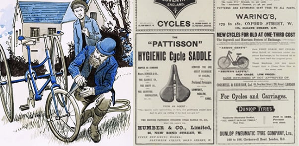 Left: A garden hose provided John Dunlop with a smooth bicycle ride, English School, (20th century) © Look and Learn Right: Page of Advertisements (engraving) by English School, (19th century); Private Collection © Look and Learn / Illustrated Papers Collection; English, out of copyright
