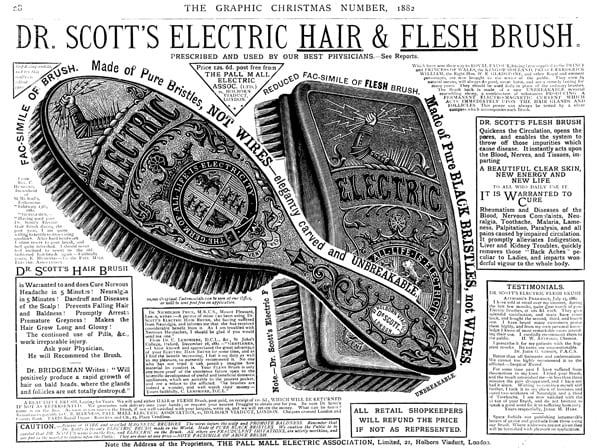 Advertisement for Dr Scott's Electric Hair and Flesh Brush (engraving)