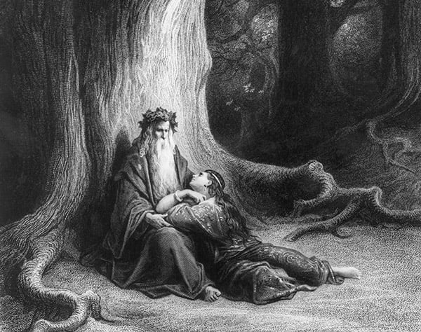The Enchanter Merlin and the Fairy Vivien (detail), from a poem by Alfred Tennyson (engraving) by Gustave Dore / Private Collection