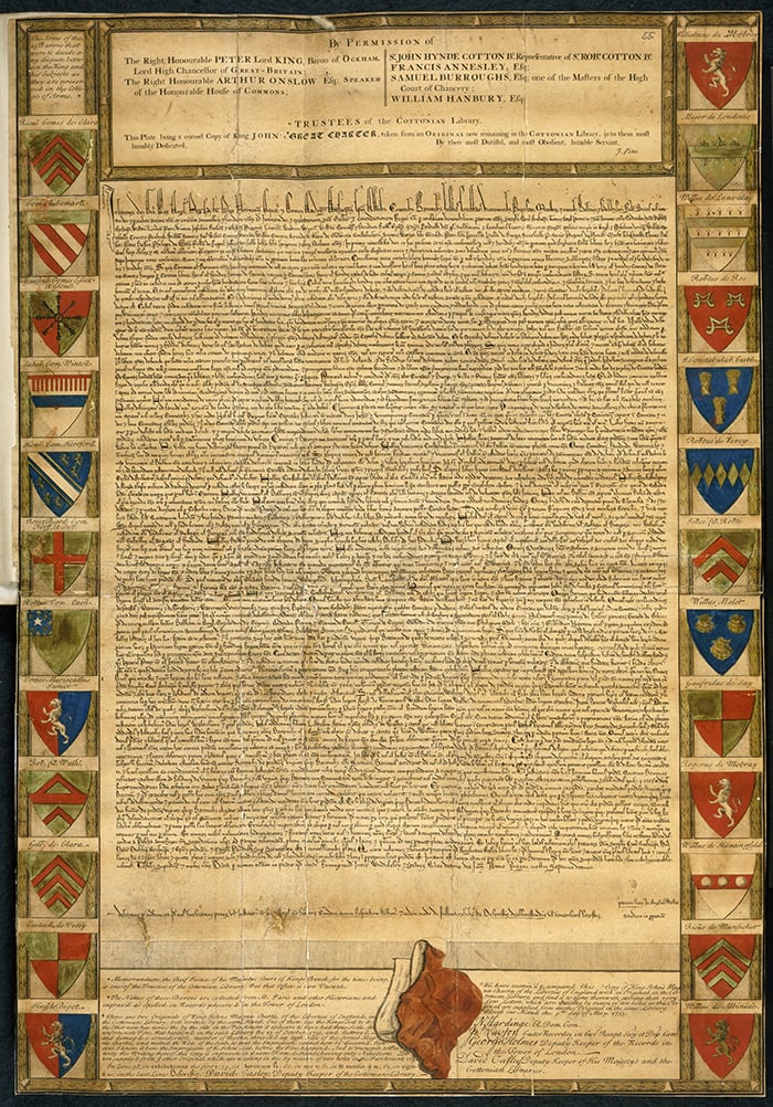 Coloured facsimile copy of the Magna Carta, now catalogued as Cotton Charter XIII.31a, published following the Ashburnham fire of 1731, framed with shields bearing the arms of the barons, and authenticated by the trustees, etc. of the Cottonian Library. / British Library, London, UK / © British Library Board. All Rights Reserved 