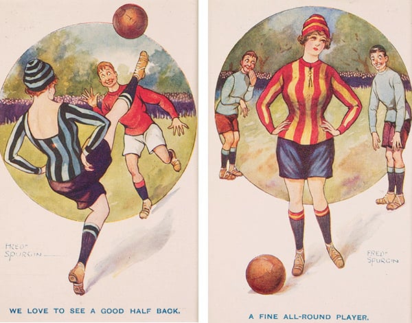 Left: We love to see a good half back, mounted postcard from Art & Humour's Footer series, 1890s (colour litho), Frederick Spurgin (1882-1968) / National Football Museum, Manchester, UK Right: A fine all-round player, mounted postcard from Art and Humour's Footer series, 1890s (colour litho), Frederick Spurgin (1882-1968) / National Football Museum, Manchester, UK