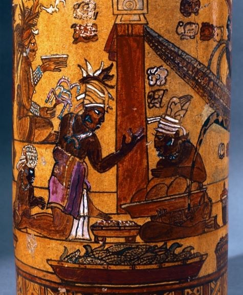 Attendants bringing offerings of food, decoration from a cylindrical vase from Palenque, 559-950 (polychrome terracotta) / Museo Nacional de Antropologia, Mexico City, Mexico