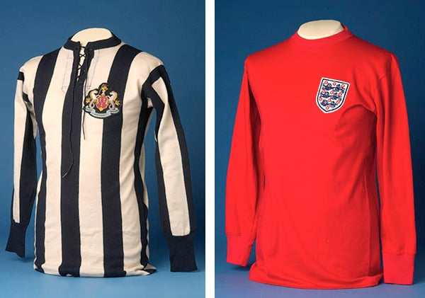 Left: Newcastle United jersey from the 1911 FA World Cup Final, 1911 (cotton), English School, (20th century) / National Football Museum, Manchester, UK Right: An England Shirt with International Badge, as worn by the 1966 World Cup winning team (cotton), English School, (20th century) / National Football Museum, Manchester, UK 