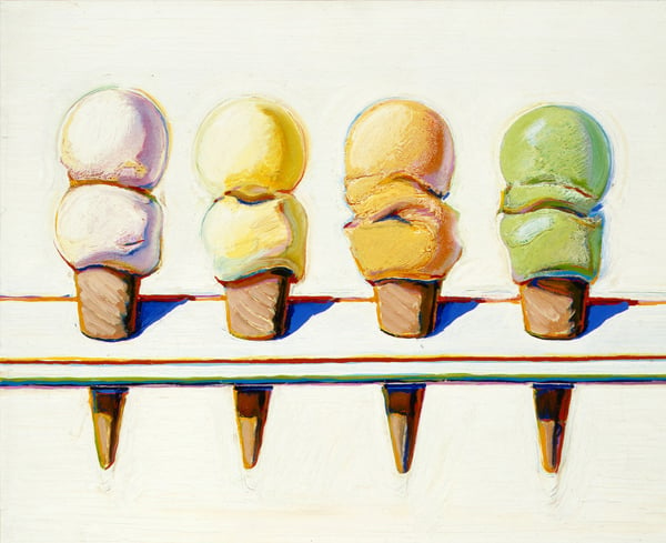Four Ice Cream Cones, 1964 (oil on canvas), Thiebaud, Wayne (b.1920) / Phoenix Art Museum, Arizona, USA / Museum purchase - COMPAS funds / Bridgeman Images