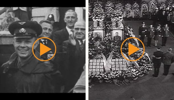 Left: Yuri Gagarin Visits Manchester, 12th July 1961 / North West Film Archive at Manchester Metropolitan University / Bridgeman Footage Right: Funeral of Yuri Gagarin, Soviet cosmonaut, and Vladimir Seregin who died in the same air crash. Moscow, 1968 / Film Images / Bridgeman Footage
