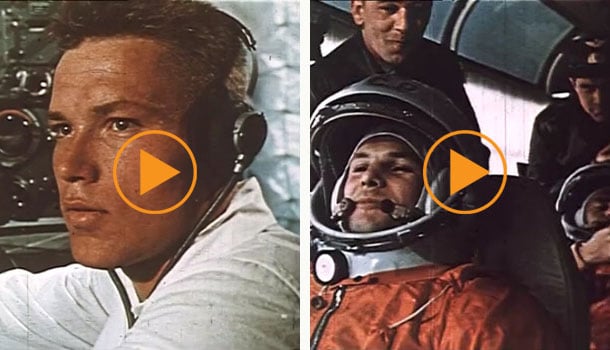 Left: Yuri Gagarin becomes 1st man in space, April 12th 1961. Public announcement and Gagarin's face and voice from space are broadcast on radio and TV / Film Images / Bridgeman Footage Right: Yuri Gagarin puts on spacesuit and boards the Vostok 1 for the launch of the first rocket into outer space. 12th April 1969 / Film Images / Bridgeman Footage