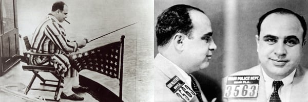 Al Capone (1899-1947) fishing on his yacht by American Photographer; Archives Charmet / Bridgeman Images; Miami Police Department mug shot of Al Capone, 1930 by . ; HistoryMiami, Florida, USA / Bridgeman Images