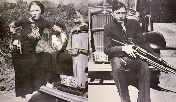 Bonnie Parker posing 'tough' with a gun and cigar, c.1934 by American Photographer; Peter Newark American Pictures / Bridgeman Images; Clyde Barrow, 1934 by Bonnie Parker (1910-34); Peter Newark American Pictures / Bridgeman Images