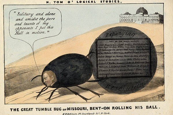 The great tumble bug of Missouri: Benton rolling his ball, 1837 (colour litho), American School, (19th century) / American Antiquarian Society, Worcester, Massachusetts, USA / Bridgeman Images