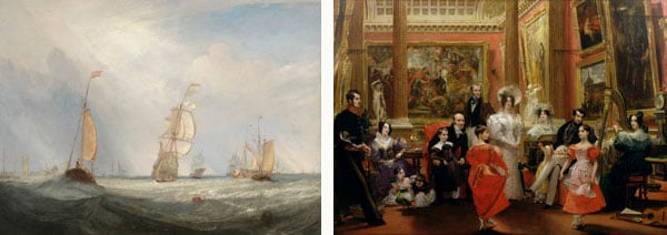 Left: Helvoetsluys; - the City of Utrecht, 64, Going to Sea, 1832 by J.M.W.Turner/ © Tokyo Fuji Art Museum, Tokyo, Japan Right: The Grosvenor Family by Charles Robert Leslie (1794-1859)/ Private Collection