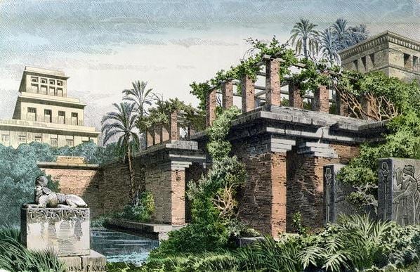 The Hanging Gardens of Babylon, from a series of the 'Seven Wonders of the World' published in 'Munchener Bilderbogen', 1886 (colour litho), Knab, Ferdinand (1834-1902) / Private Collection / Archives Charmet