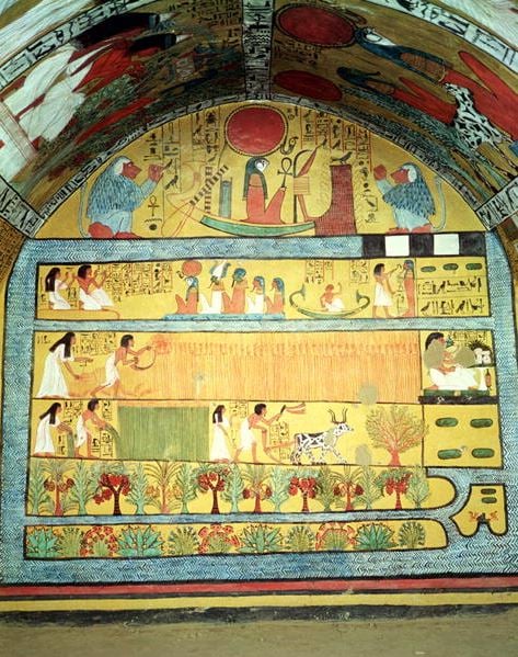 Harvest Scene on the East Wall, from the Tomb of Sennedjem, The Workers' Village, New Kingdom (wall painting) (see also 19830), Egyptian 19th Dynasty (c.1292-1187 BC) / Deir el-Medina, Thebes, Egypt