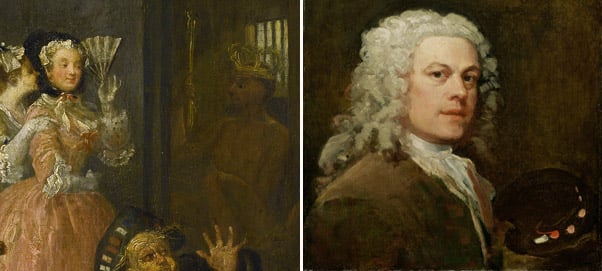 Left: The Rake in Bedlam, 1733 (detail) Right: Self Portrait, (oil on canvas) by William Hogarth, Yale Center for British Art, Paul Mellon Collection, USA