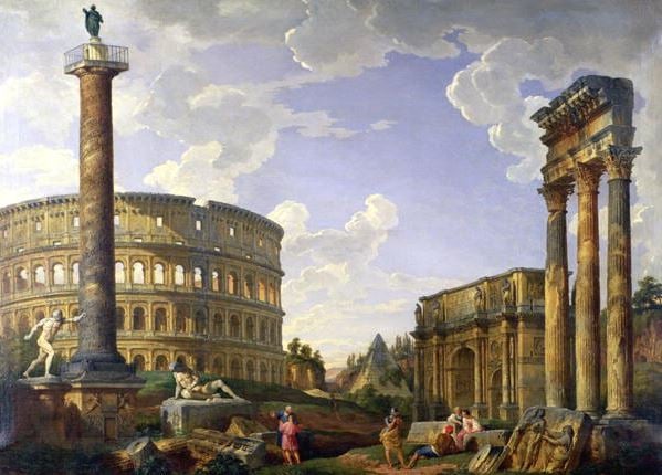  Roman Capriccio Showing the Colosseum, Borghese Warrior, Trajan's Column, the Dying Gaul, Tomb of Cestius, Arch of Constantine and the Temple of Castor and Pollux, Pannini or Panini, Giovanni Paolo (1691/2-1765) / Maidstone Museum and Art Gallery, Kent, UK 