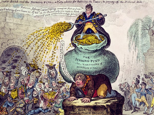 NCO191209 John Bull and the Sinking Fund or A Pretty Scheme for Reducing Taxes and Paying off the National Debt, published by Hannah Humphrey in 1807 (hand-coloured etching) by Gillray, James (1757-1815); 40x28 cm; Â© Courtesy of the Warden and Scholars of New College, Oxford; (add.info.: Lord Henry Petty (1780-1863) as Chancellor of the Exchequer shovelling coins onto the heads of government ministers; personification of Great Britain bearing weight;); English, out of copyright