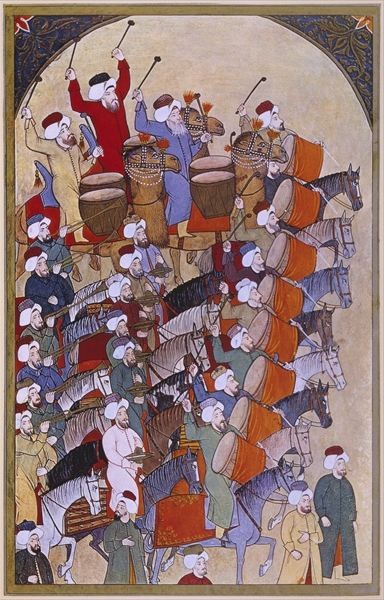 Janissaries and the parade musicians arriving, from 'Sur-Nama' (vellum), Turkish School, (16th century) / Private Collection 