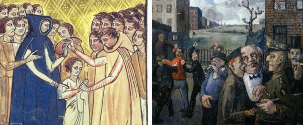 Left: Joseph sold by his brothers, c.1250 (vellum), William de Brailes (fl.c.1230) / Musee Marmottan Monet, Paris, France Right: Joseph and his Brothers, 1948 (oil on canvas), Ernst Eisenmayer (Contemporary Artist)
