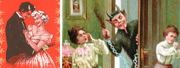 Left: German Christmas card (colour litho), English School, (20th century) / Private Collection / © Look and Learn / Valerie Jackson Harris Collection Right: Postcard depicting the Bogeyman, 1904 (colour litho), European School, (20th century) / Private Collection / Archives Charmet