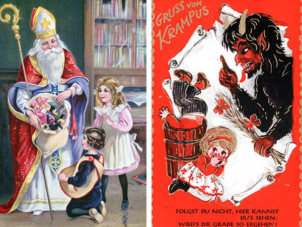 Left: St. Nicholas distributing presents to the children, German postcard printed in Hungarian, 1939 (colour litho), German School, (20th century) / Private Collection / Archives Charmet Right: German Christmas card (colour litho), English School, (20th century) / Private Collection / © Look and Learn / Valerie Jackson Harris Collection