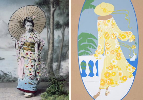 Left: Young Japanese girl in a kimono and with a parasol c.1900 (coloured photo), Japanese Photographer Bibliotheque des Arts Decoratifs, Paris Right: Ladies beach wear (pochoir print) Walter Albini (1941-1983) 