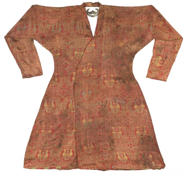CH430214 Brightly coloured Seljuk lampas robe, Central Asia, 11th - 12th century (silk) (see also 430215) by Central Asian School; Private Collection; Photo © Christie's Images;  it is possible that some works by this artist may be protected by third party rights in some territories