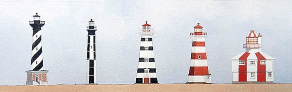 Painted Lighthouses, 1997 (pen, ink & gouache on paper) by Andras Kaldor (b.1938) / Bridgeman Images