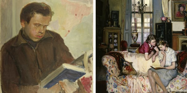 Left: Boy Reading a Book / Konstantin Lekomtsev / Gamborg Collection Right: An Interesting Story / Denys George Wells / Photo © Christie's Images