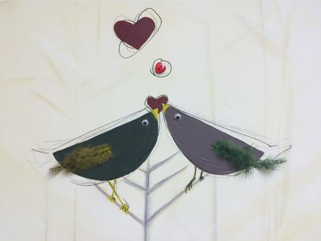 Love birds, love hearts, (mixed media on canvas), painting, Lubna Speitan / Private Collection