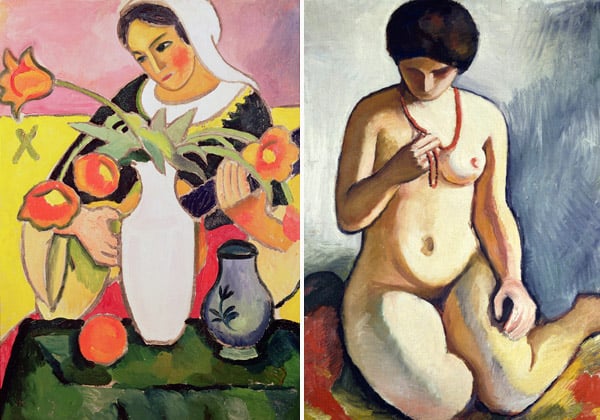 Left: The Lute Player, 1910 (oil on canvas) by August Macke, Musee National d'Art Moderne, Centre Pompidou, Paris Right:Nude with coral necklace, 1910, by August Macke / De Agostini Picture Library / M. Carrieri 