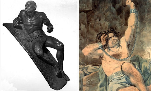 Left: Raving Madness, c.1670-1700 (carved stone) by Caius Gabriel Cibber Right:  Sketch to Illustrate the Passions - Agony - Raving Madness, 1854 (w/c on paper) by Richard Dadd