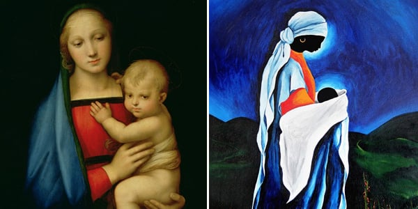 Left: The Grand Duke's Madonna, Raffaello, Palazzo Pitti, Florence Right: Madonna and child - Beloved Son (detail), 2008 (acrylic on wood), Patricia Brintle (Contemporary Artist) / Private Collection