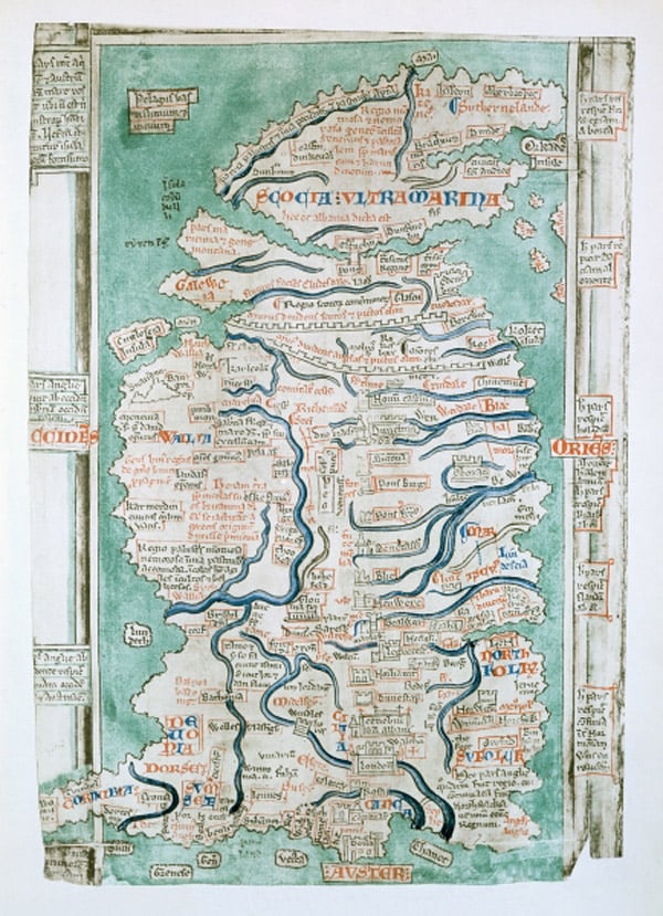 Map of England, Scotland and Wales, Ms Royal 14.C VII, fol 5 v, 1250 (vellum) by Matthew Paris, British Library, London, UK; The Stapleton Collection