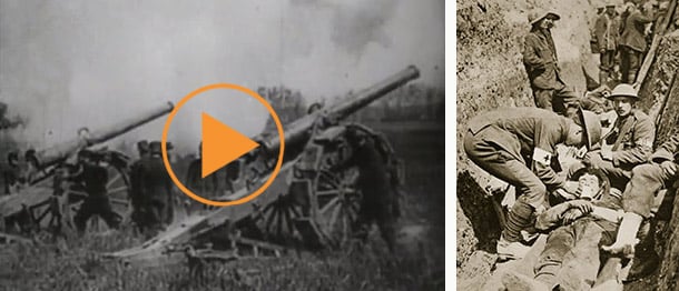 Left: The Battle of the Marne, 5th September, 1914. / Bridgeman Images Right: Red Cross men in the trenches, 1916 / The Stapleton Collection / Bridgeman Images