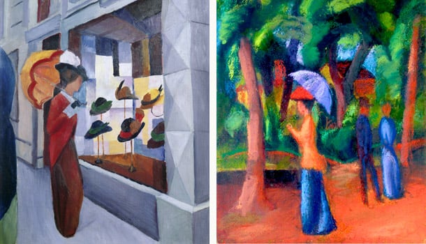 Left: The Milliner's Shop, 1914 by August Macke, Museum Folkwang, Essen, Germany Right: Walking in the Park, 1914 (gouache, w/c & pastel on paper), Macke, Augus