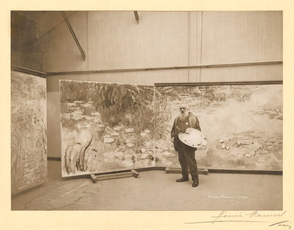 Claude Monet in front of his paintings 'The Waterlilies', in his studio at Giverny, 1920 by Henri Manuel, Musee Marmottan Monet