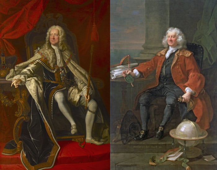 Left - King George II, c.1744, Thomas Hudson (1701-1779) (studio of) / Cliveden, Buckinghamshire, UK / National Trust Photographic Library Right - Portrait of Captain Coram (c.1668-1751) 1740 by Hogarth / © Coram in the care of the Foundling Museum, London