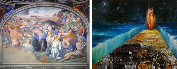 Left: The Crossing of the Red Sea, 1555 (fresco), Agnolo Bronzino (1503-72) / Palazzo Vecchio, Florence, Italy Right: Exodus, 1999 (oil on canvas), Richard Mcbee (b.1947) (Contemporary Artist) / Private Collection