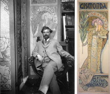 Left: Alphonse Mucha (1860-1939) in his Studio, c.1898 Right: Sarah Bernhardt  as Gismonda , 1894 