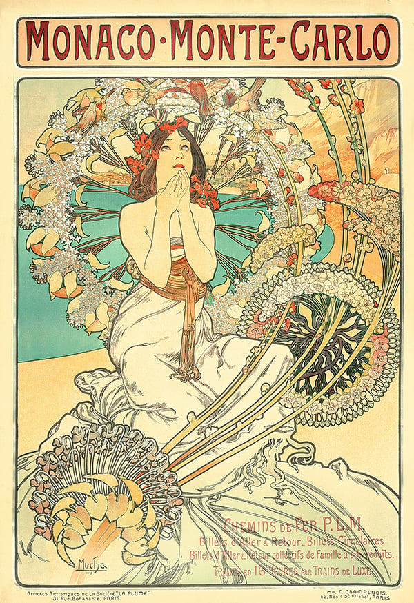 Poster advertising trains to Monte Carlo, Monaco, 1897 (colour litho) by Mucha, Mucha Trust