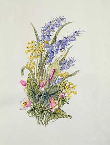 Bluebell posy with cowslips, dogroses and lily, Nell Hill (Contemporary Artist) / Private Collection 