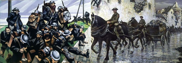 French troops resting, 1916 by C R W Nevinson; After the Recapture of Bapaume, 1918 by C R W Nevinson