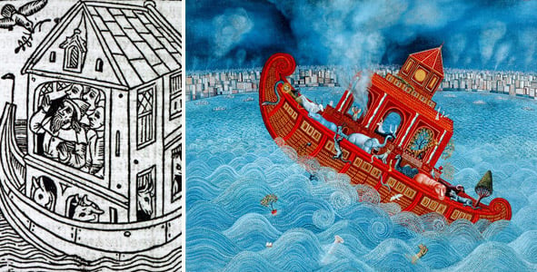 Left: Noah's Ark (woodcut) (b/w photo), English School, (15th century) Right: Noah's Barge, 1987, Galambos, Tamas (Contemporary Artist) 
