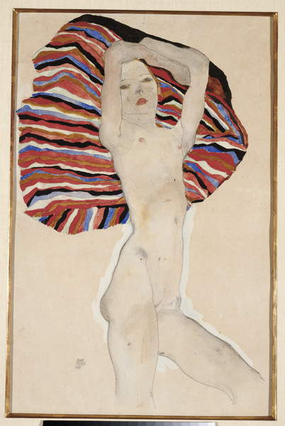 Nude against coloured material, 1911 (w/c, gouache & pencil on paper), Schiele, Egon (1890-1918) / Private Collection / Photo © Christie's Images / Bridgeman Images – An androgynous gender fluidity found in the subject was revolutionary, as was the self-possessive erotic gaze from the model.