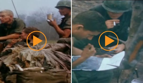 Left:  Vietnam war, Operation Junction City 1967. Wounded US soldiers Right: Vietnam war, Operation Junction City 1967. US soldiers studying aerial photo and waiting with ammo