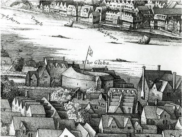 The First Globe Theatre or Rose Theatre (engraving) (b/w photo), English School / Private Collection